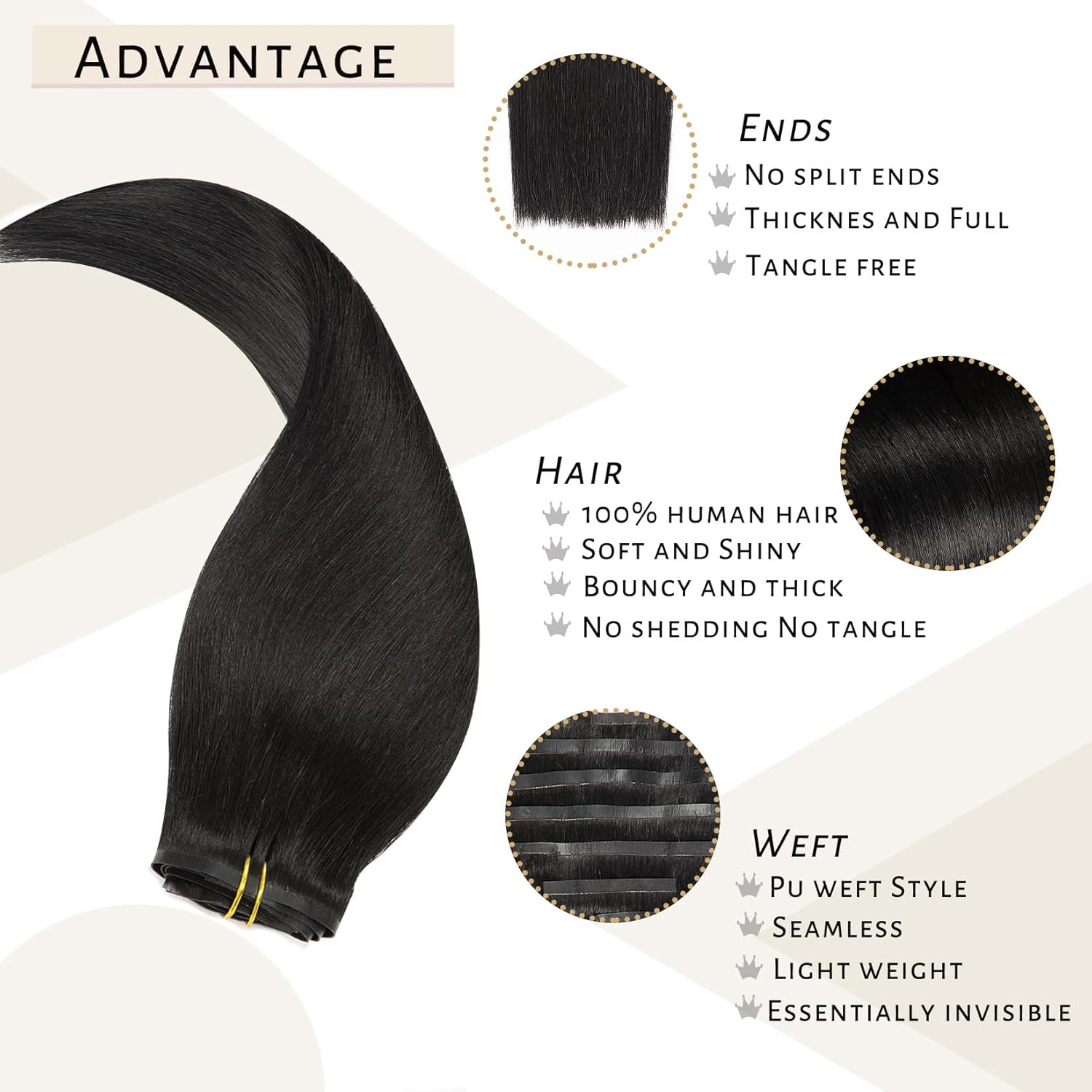 Clip in Hair Extensions Real Human Hair 14Inch Invisible Seamless Clip in Human Hair Extensions PU Skin Weft Color 1 Jet Black Human Hair Clip Ins for Women Silky Straight 7PCS 110G - Image 4