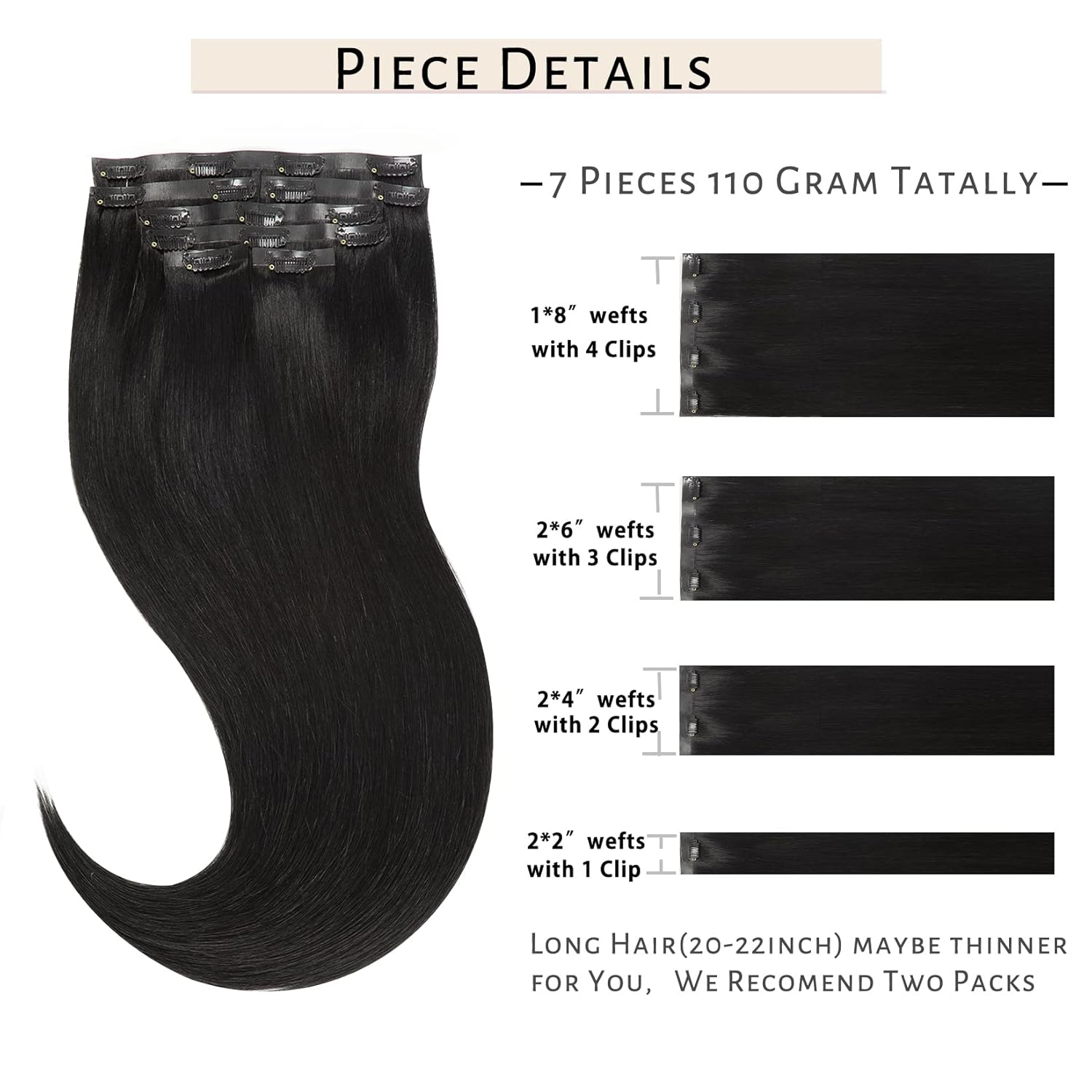 Clip in Hair Extensions Real Human Hair 14Inch Invisible Seamless Clip in Human Hair Extensions PU Skin Weft Color 1 Jet Black Human Hair Clip Ins for Women Silky Straight 7PCS 110G - Image 2